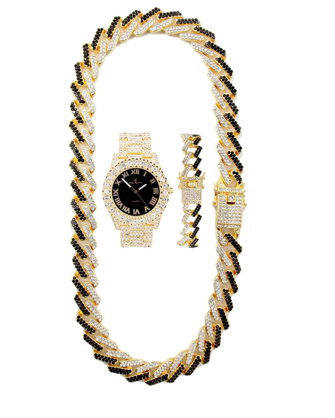 Red Face Watch Gold Color Simulated Diamond Cuban Link Chain Set Spike Necklace Bust Down Hip Hop Bracelet Bundle