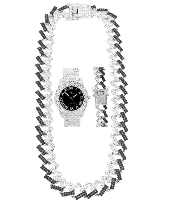 Red Face Watch Gold Color Simulated Diamond Cuban Link Chain Set Spike Necklace Bust Down Hip Hop Bracelet Bundle