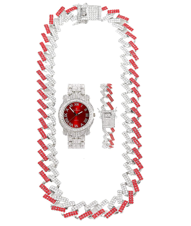 Red Face Watch Gold Color Simulated Diamond Cuban Link Chain Set Spike Necklace Bust Down Hip Hop Bracelet Bundle