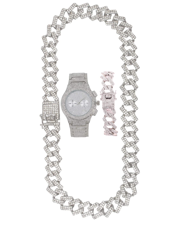 Red Face Watch Gold Color Simulated Diamond Cuban Link Chain Set Spike Necklace Bust Down Hip Hop Bracelet Bundle