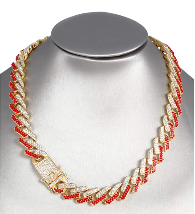 Red Face Watch Gold Color Simulated Diamond Cuban Link Chain Set Spike Necklace Bust Down Hip Hop Bracelet Bundle
