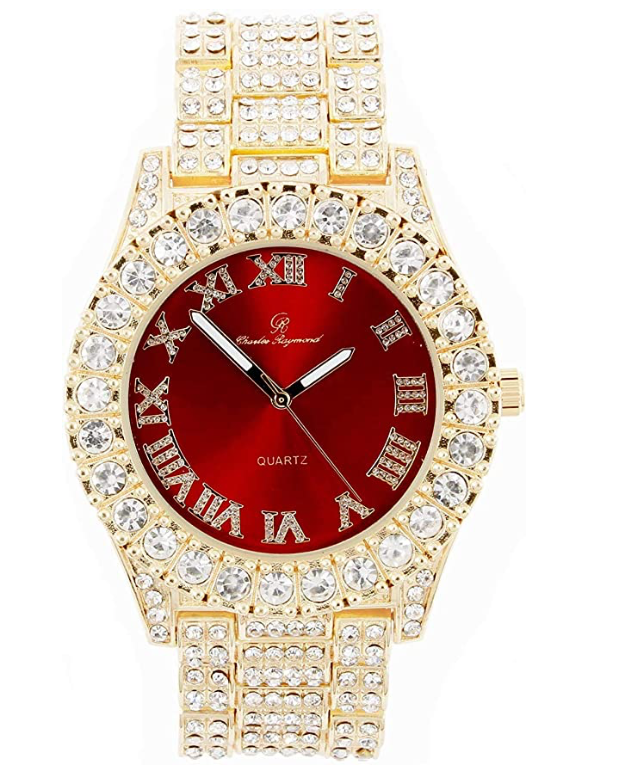 Red Face Watch Gold Color Simulated Diamond Cuban Link Chain Set Spike Necklace Bust Down Hip Hop Bracelet Bundle