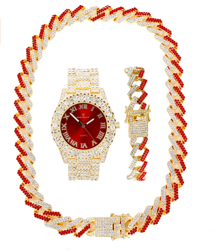 Red Face Watch Gold Color Simulated Diamond Cuban Link Chain Set Spike Necklace Bust Down Hip Hop Bracelet Bundle