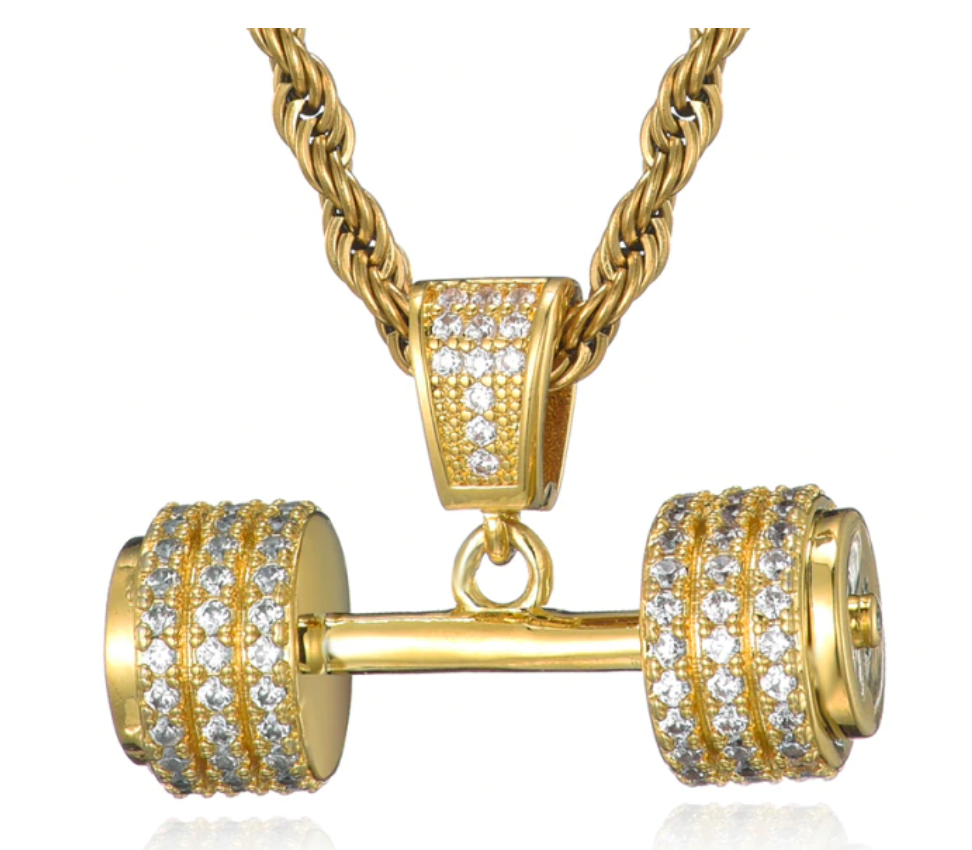 Simulated Diamond Dumbbell Bodybuilding Gym Necklace Exercise Workout Mr. Olympia Chain 24in.