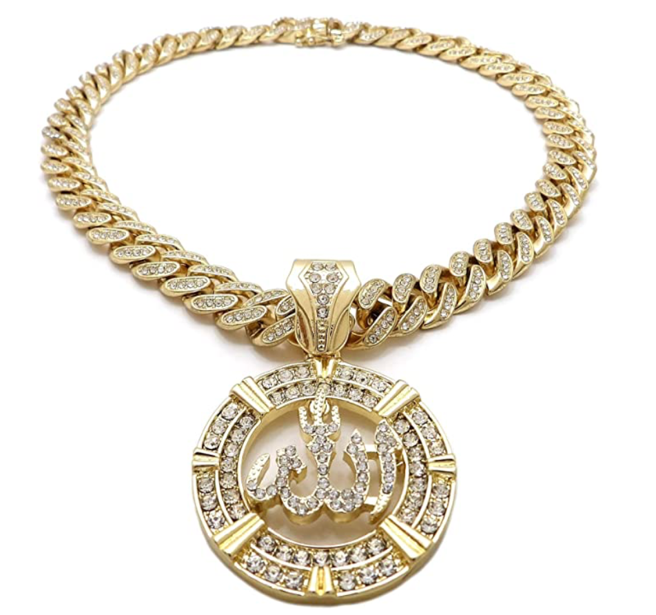 Allah Pendant Rapper Allah Necklace Allah Cuban Link Iced Out Silver Color Metal Alloy Simulated-Diamond 18in.