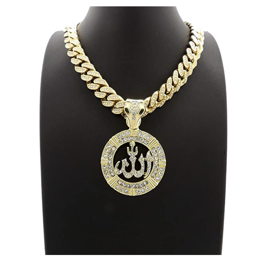 Allah Pendant Rapper Allah Necklace Allah Cuban Link Iced Out Silver Color Metal Alloy Simulated-Diamond 18in.