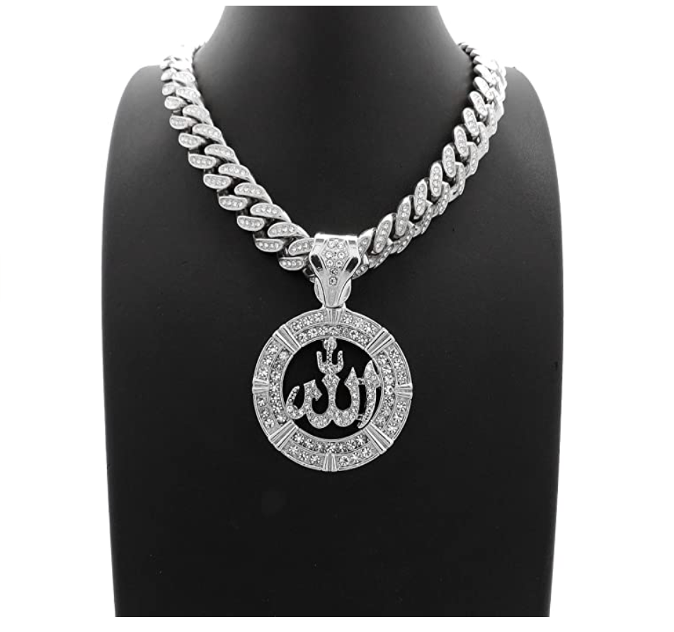 Allah Pendant Rapper Allah Necklace Allah Cuban Link Iced Out Silver Color Metal Alloy Simulated-Diamond 18in.