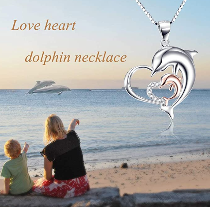Rose Gold Baby Dolphin Family Heart Necklace Diamond Pendant Island Dolphin Beach Jewelry Tropical Chain Birthday Gift 925 Sterling Silver 18in.
