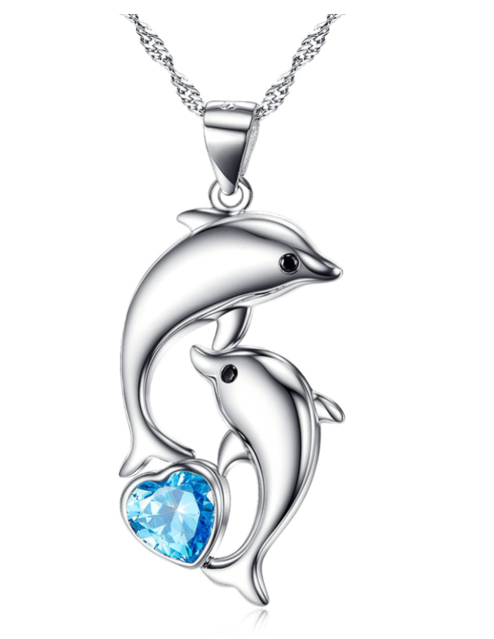 Blue Diamond Heart Dolphin Necklace Pendant Island Two Dolphin Beach Jewelry Tropical Chain Birthday Gift 925 Sterling Silver 20in.