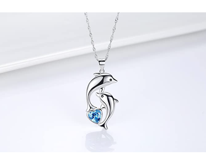 Blue Diamond Heart Dolphin Necklace Pendant Island Two Dolphin Beach Jewelry Tropical Chain Birthday Gift 925 Sterling Silver 20in.