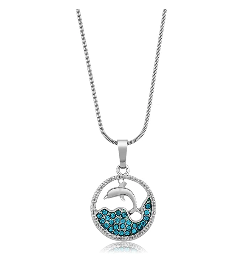 Dolphin Water Necklace Pendant Island Dolphin Beach Jewelry Tropical Chain Birthday Gift 925 Sterling Silver 18in.