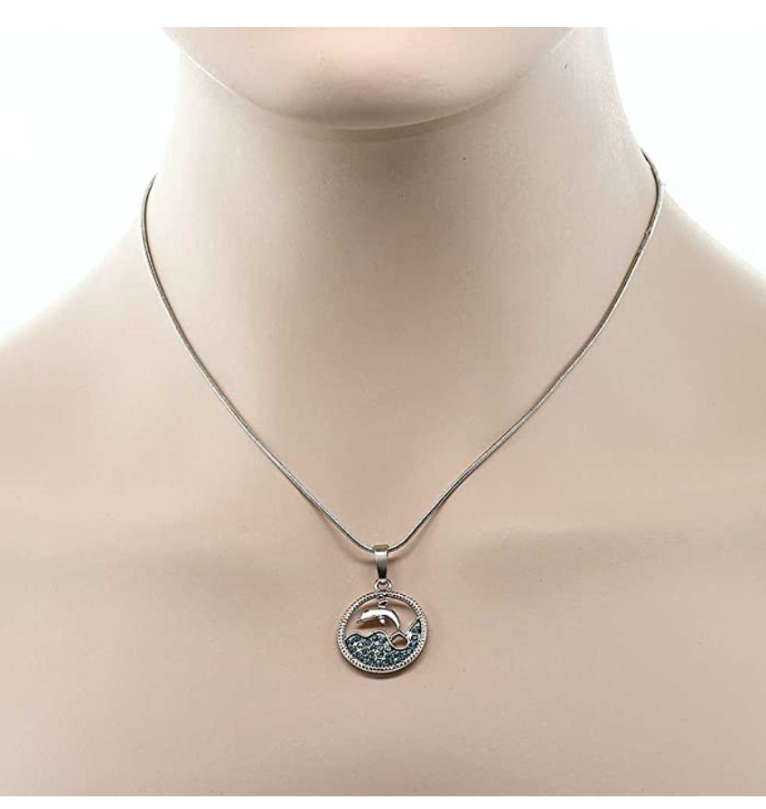 Dolphin Water Necklace Pendant Island Dolphin Beach Jewelry Tropical Chain Birthday Gift 925 Sterling Silver 18in.