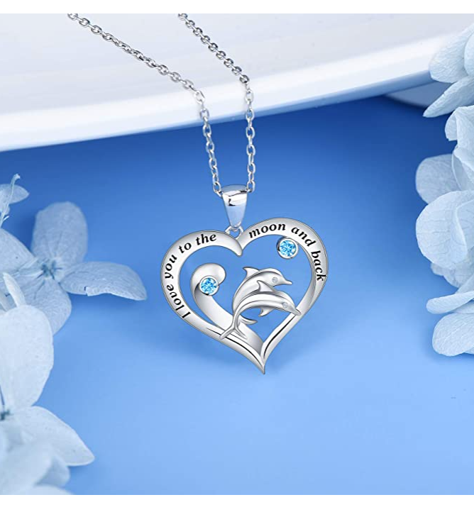 Dolphin Love Heart Necklace Pendant Island Dolphin Beach Memorial Jewelry Tropical Chain Birthday Gift 925 Sterling Silver 20in.