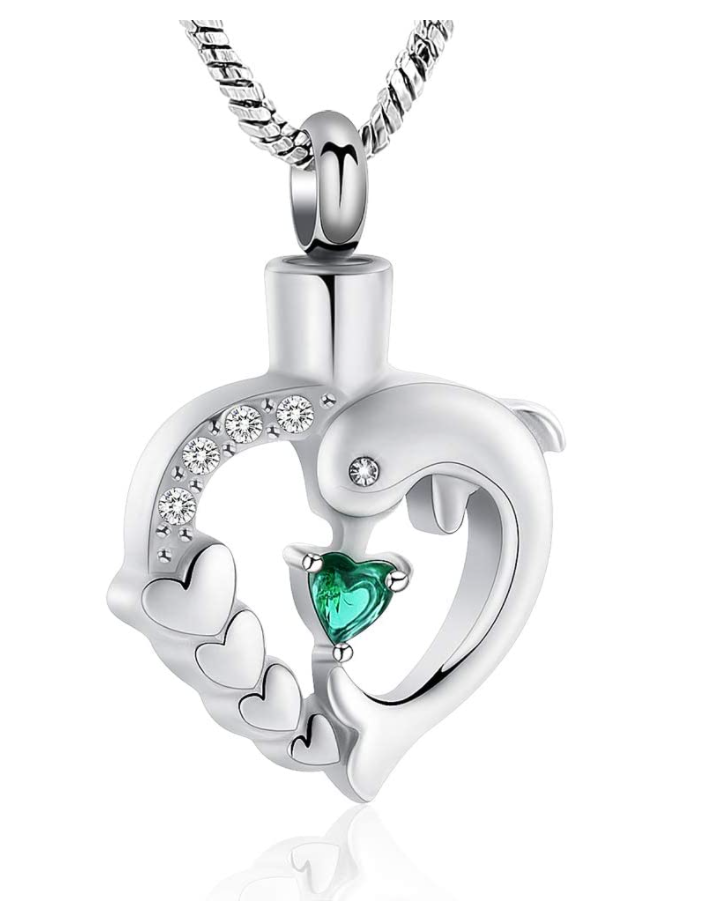 Dolphin Heart Pendant Necklace Dolphin Jewelry Urn Ashes Keepsake Holder Cremation Jewelry Chain Birthday Gift.
