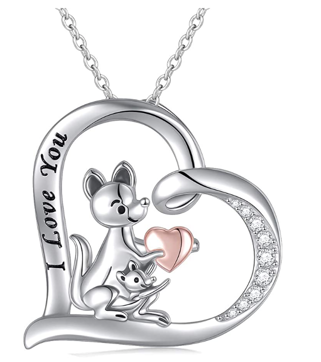 Diamond Kangaroo Heart Necklace Rose Gold Love Kangaroo Family Pendant Mother & Child Australian Jewelry Chain Birthday Gift 925 Sterling Silver 20in.