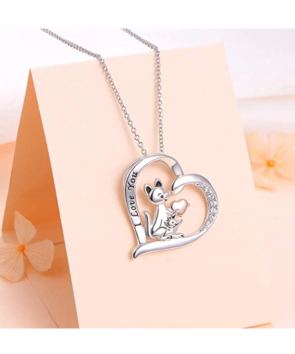 Diamond Kangaroo Heart Necklace Rose Gold Love Kangaroo Family Pendant Mother & Child Australian Jewelry Chain Birthday Gift 925 Sterling Silver 20in.