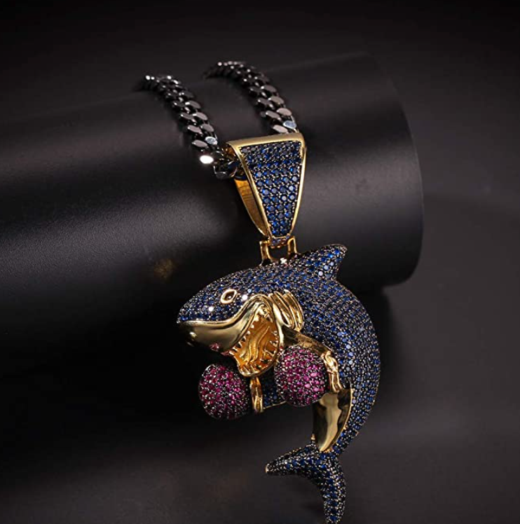 Gold Diamond Boxing Shark Pendant Jewelry Blue Shark Boxer Necklace Chain Iced Out 24in.