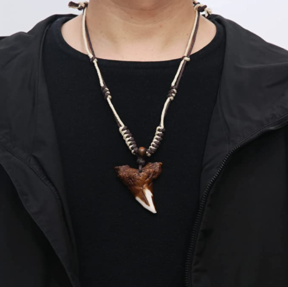 Brown Hawaiian Natural Shark Tooth Pendant Beaded Rope Cord Necklace Lucky Shark Tooth Fossil Bone Charm Chain Surfer Jewelry Birthday Gift 18 - 30in.