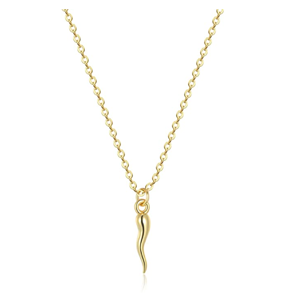 Small Gold Italian Horn Pendant Italian Jewelry Cornicello Pepper Necklace Lucky Charm Strength Protection Chain Birthday Gift 925 Sterling Silver 18in.
