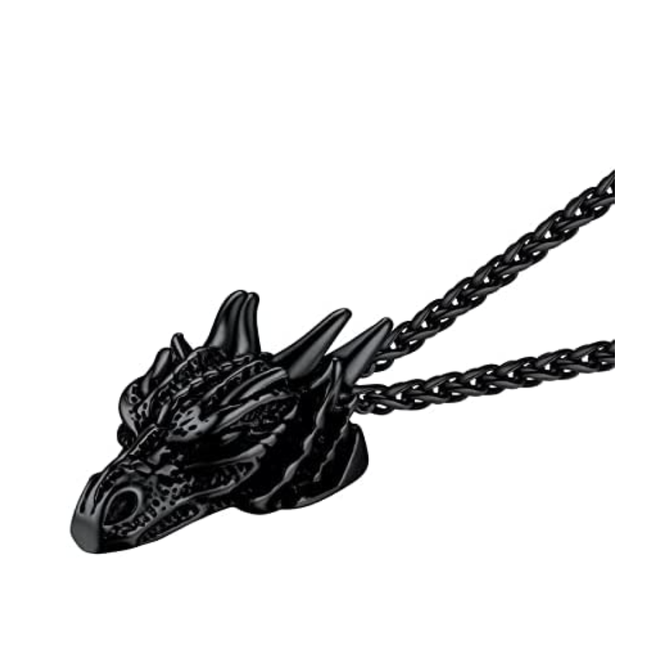Gold Dragon Head Pendant Chinese Japanese Jewelry Asian Dragon Necklace Spirit Animal Zodiac Lucky Silver Black Stainless Steel Chain Birthday Gift 24in.
