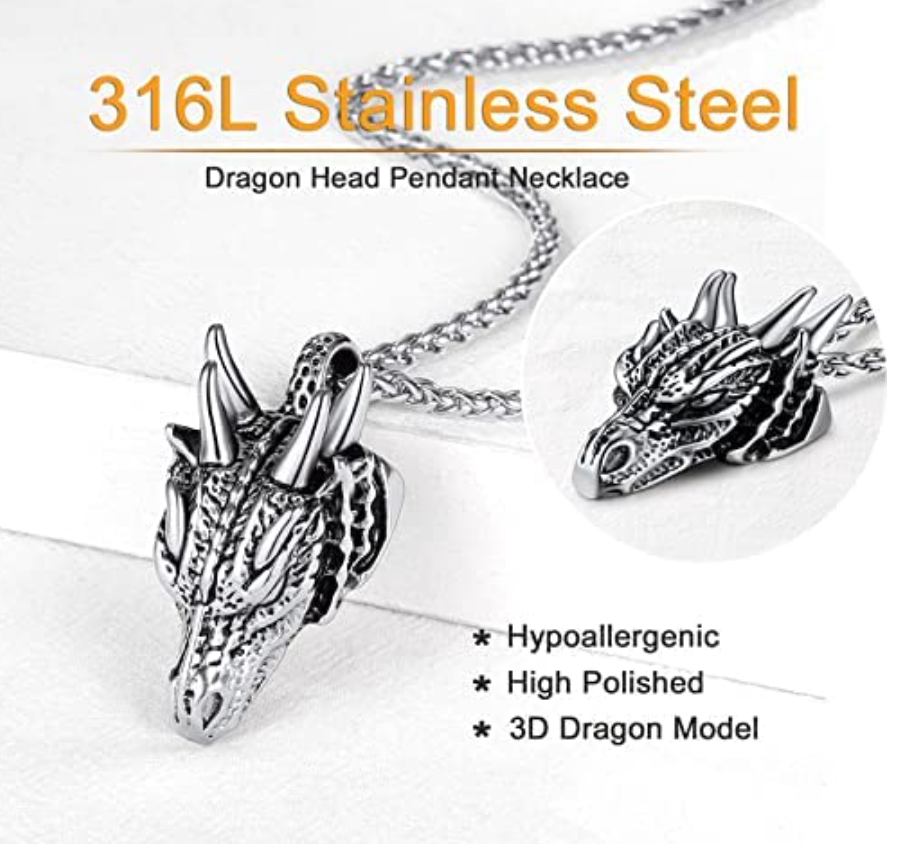 Gold Dragon Head Pendant Chinese Japanese Jewelry Asian Dragon Necklace Spirit Animal Zodiac Lucky Silver Black Stainless Steel Chain Birthday Gift 24in.