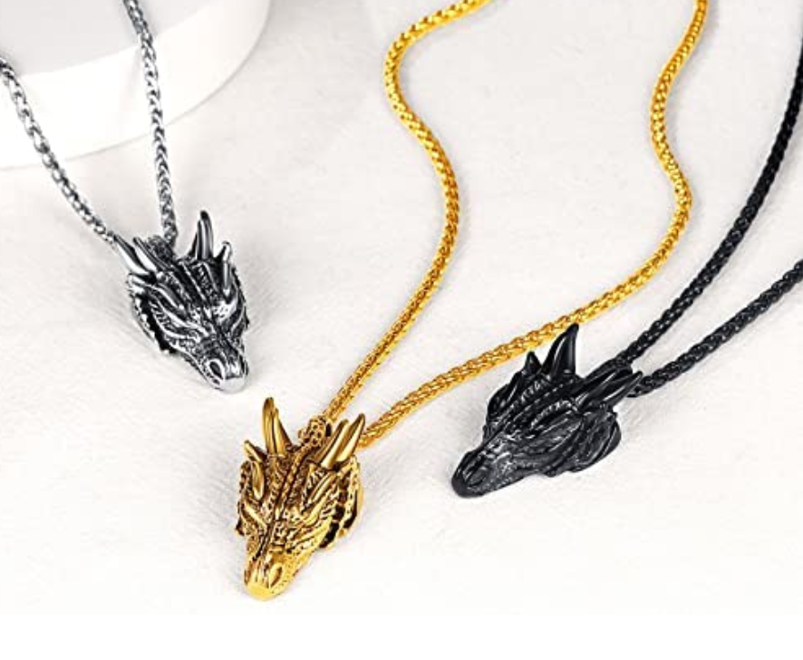 Gold Dragon Head Pendant Chinese Japanese Jewelry Asian Dragon Necklace Spirit Animal Zodiac Lucky Silver Black Stainless Steel Chain Birthday Gift 24in.