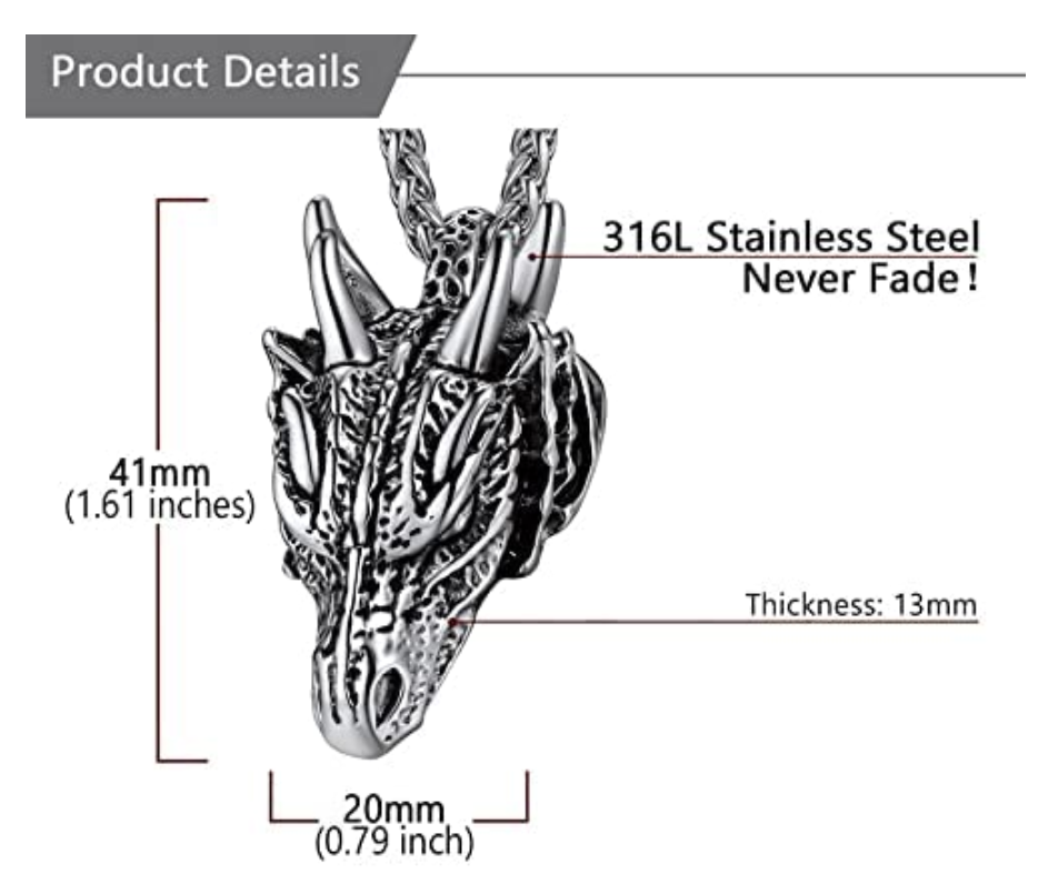 Gold Dragon Head Pendant Chinese Japanese Jewelry Asian Dragon Necklace Spirit Animal Zodiac Lucky Silver Black Stainless Steel Chain Birthday Gift 24in.