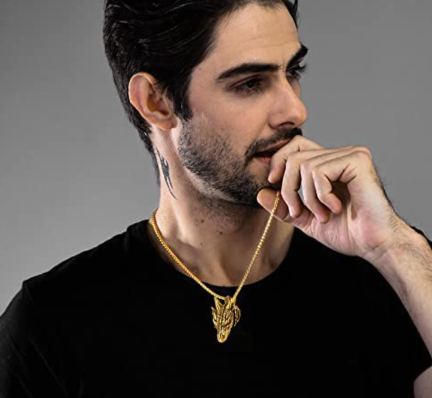 Gold Dragon Head Pendant Chinese Japanese Jewelry Asian Dragon Necklace Spirit Animal Zodiac Lucky Silver Black Stainless Steel Chain Birthday Gift 24in.