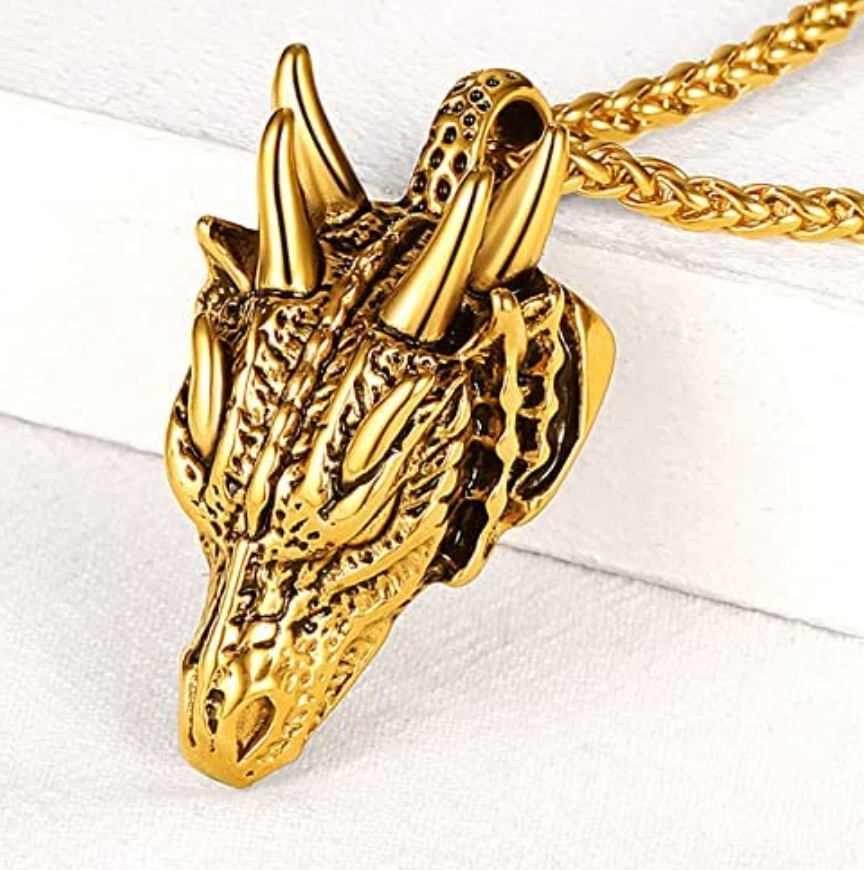 Gold Dragon Head Pendant Chinese Japanese Jewelry Asian Dragon Necklace Spirit Animal Zodiac Lucky Silver Black Stainless Steel Chain Birthday Gift 24in.