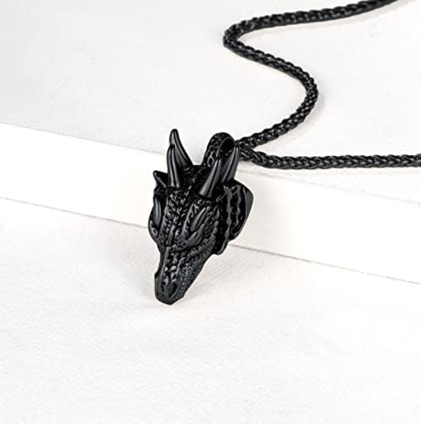 Gold Dragon Head Pendant Chinese Japanese Jewelry Asian Dragon Necklace Spirit Animal Zodiac Lucky Silver Black Stainless Steel Chain Birthday Gift 24in.
