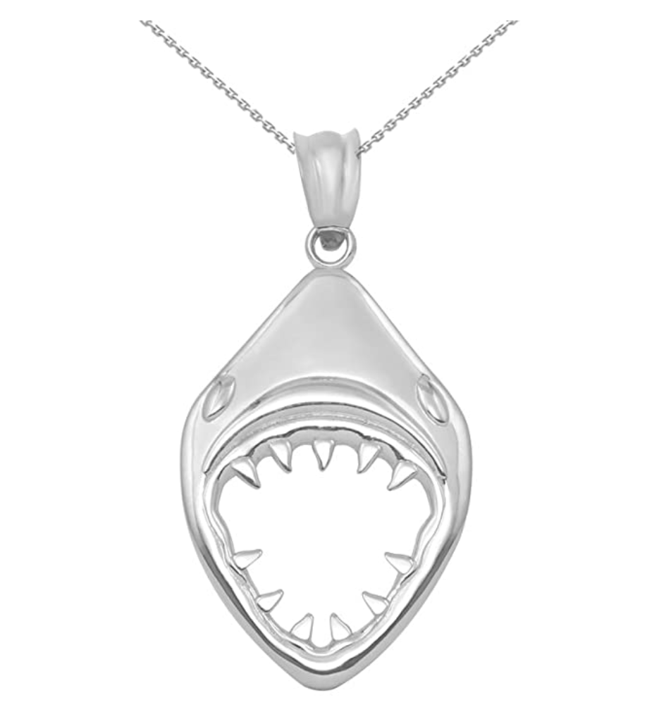 Jaws Shark Head Pendant Open Mouth Shark Jewelry Necklace 925 Sterling Silver Chain 22in.