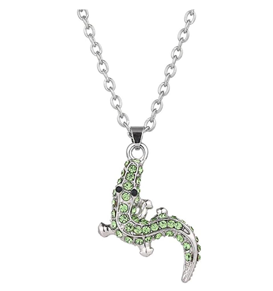Cute Green Diamond Alligator Pendant Chain Small Crocodile Necklace Lizard Charm Dainty Gator Jewelry Birthday Gift 18in.