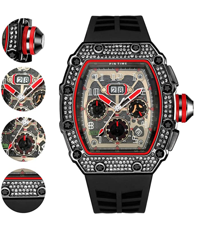 Red Black Silicone Band Watch Silver Gold Diamond Watch Hip Hop Rubber Band Bust Down Bling Iced Out Chronograph