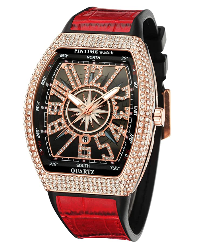 Red Black Blue Band Watch Silver Gold Diamond Watch Hip Hop Bust Down Bling Iced Out