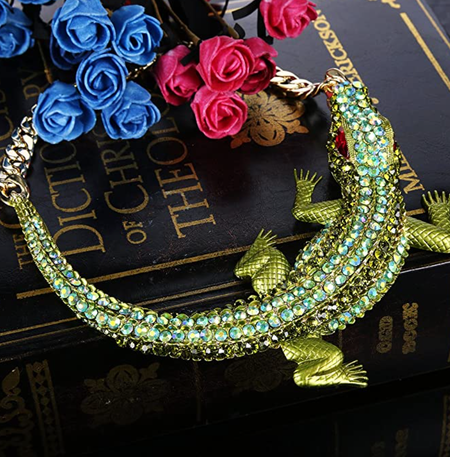 Large Green Alligator Collar Necklace Crocodile Statement Charm Diamond Chain Choker Gator Jewelry Birthday Gift 18in.