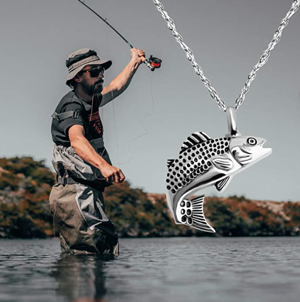 Silver Sea Bass Necklace Sea Bass Pendant Fish Urn Cremation Jewelry Memorial Ashes Keepsake Fisherman Birthday Gift Chain Stainless Steel 24in.