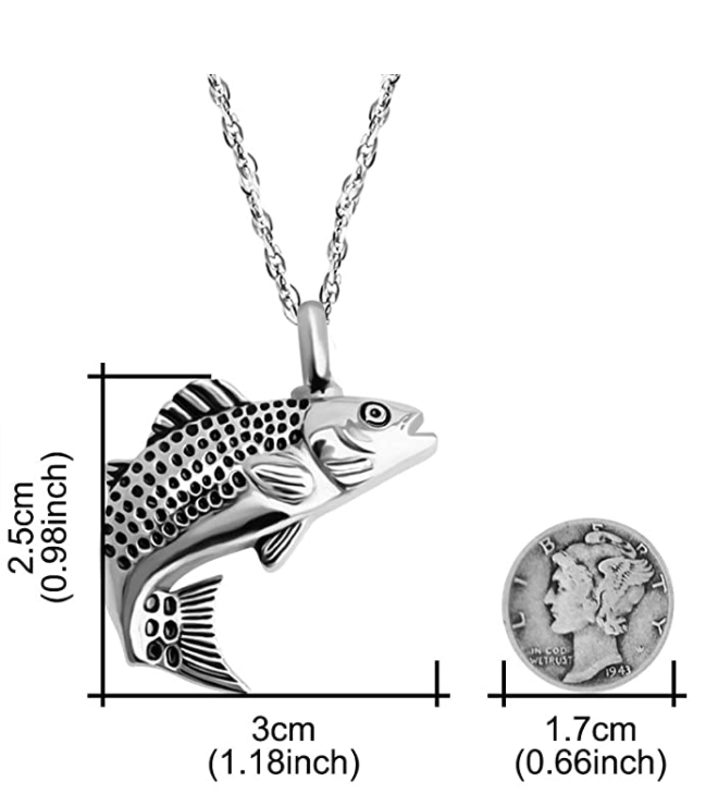 Silver Sea Bass Necklace Sea Bass Pendant Fish Urn Cremation Jewelry Memorial Ashes Keepsake Fisherman Birthday Gift Chain Stainless Steel 24in.