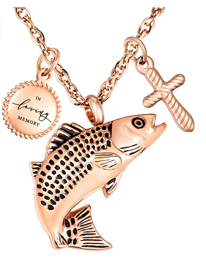 Sea Bass Necklace Sea Bass Pendant Fish Holy Cross Jesus Urn Cremation Jewelry Memorial Ashes Keepsake Fisherman Birthday Gift Chain Stainless Steel 24in.