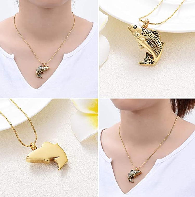 Gold Sea Bass Necklace Sea Bass Pendant Fish Holy Cross Jesus Urn Cremation Jewelry Memorial Ashes Keepsake Fisherman Birthday Gift Chain Stainless Steel 24in.