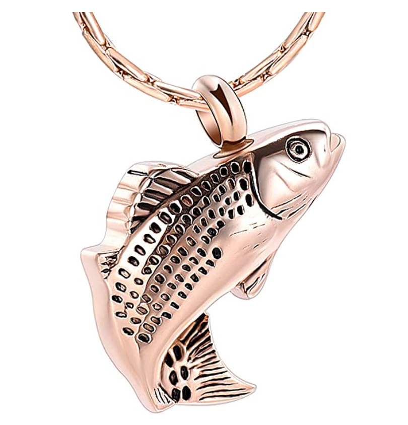 Gold Sea Bass Necklace Sea Bass Pendant Fish Holy Cross Jesus Urn Cremation Jewelry Memorial Ashes Keepsake Fisherman Birthday Gift Chain Stainless Steel 24in.