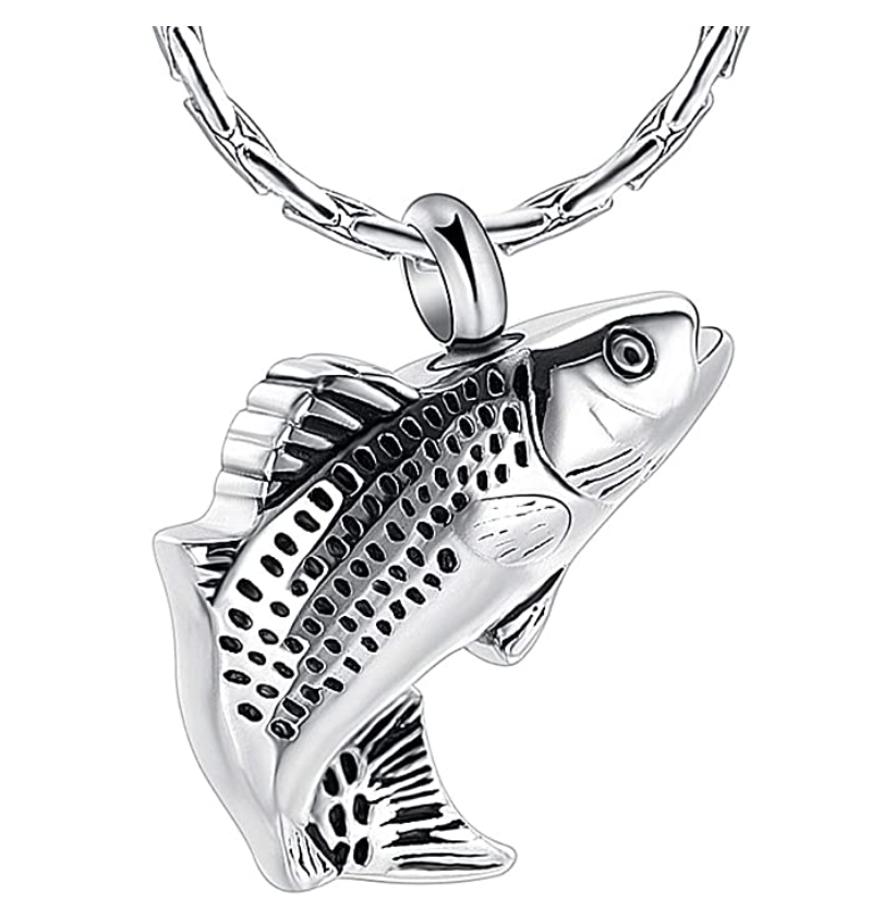 Gold Sea Bass Necklace Sea Bass Pendant Fish Holy Cross Jesus Urn Cremation Jewelry Memorial Ashes Keepsake Fisherman Birthday Gift Chain Stainless Steel 24in.