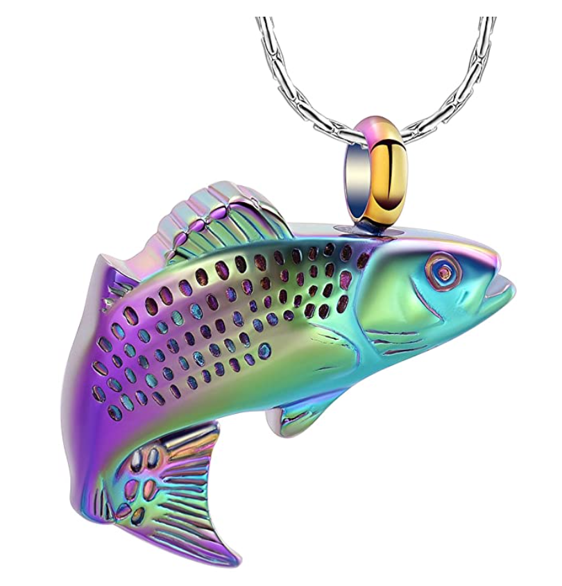 Gold Sea Bass Necklace Sea Bass Pendant Fish Holy Cross Jesus Urn Cremation Jewelry Memorial Ashes Keepsake Fisherman Birthday Gift Chain Stainless Steel 24in.