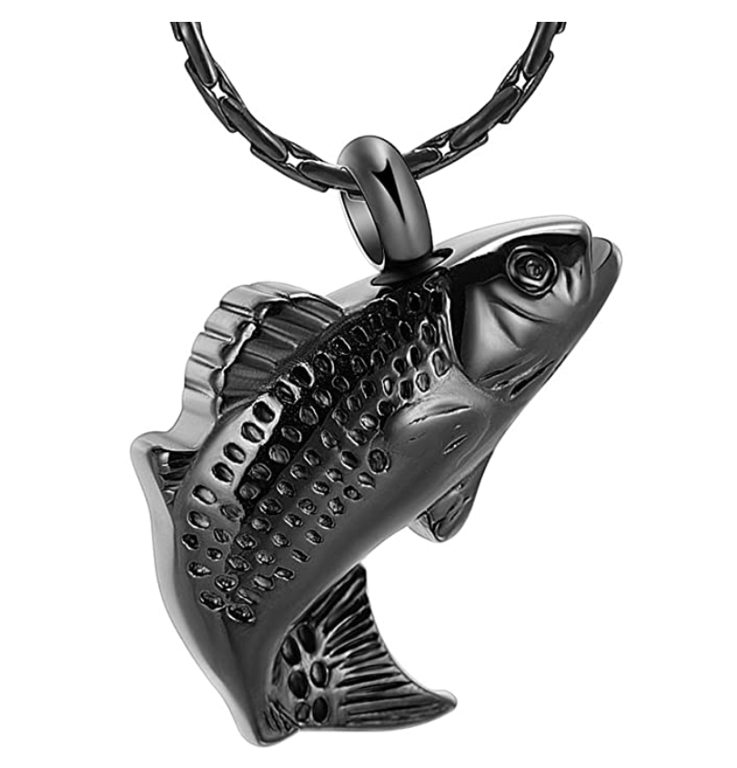 Gold Sea Bass Necklace Sea Bass Pendant Fish Holy Cross Jesus Urn Cremation Jewelry Memorial Ashes Keepsake Fisherman Birthday Gift Chain Stainless Steel 24in.