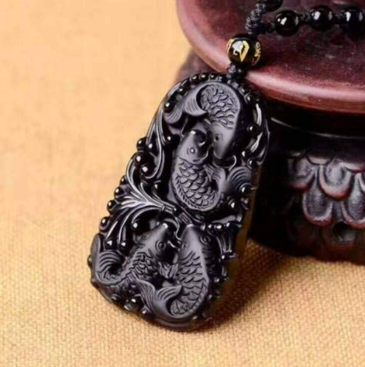 Black Obsidian Stone Koifish Necklace Cord Bead Koi Fish Lucky Pendant Asian Japanese Chinese Jewelry Fisherman Birthday Gift 925 Sterling Silver 30in.