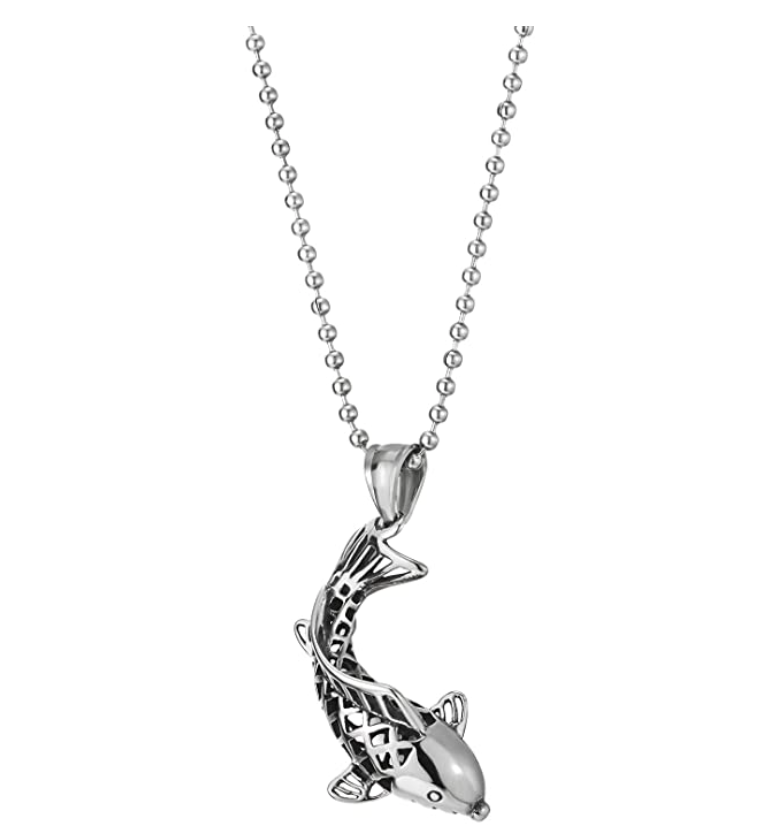 Mens Koi Fish Necklace Lucky Celtic Koifish Pendant Silver Asian Chinese Japanese Jewelry Fisherman Birthday Gift Stainless Steel Chain 24in.