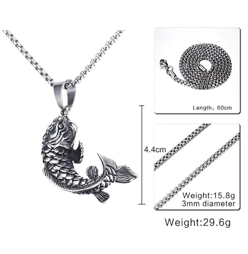 Mens Koi Fish Necklace Lucky Koifish Pendant Silver Asian Chinese Japanese Jewelry Fisherman Birthday Gift Stainless Steel Chain 24in.