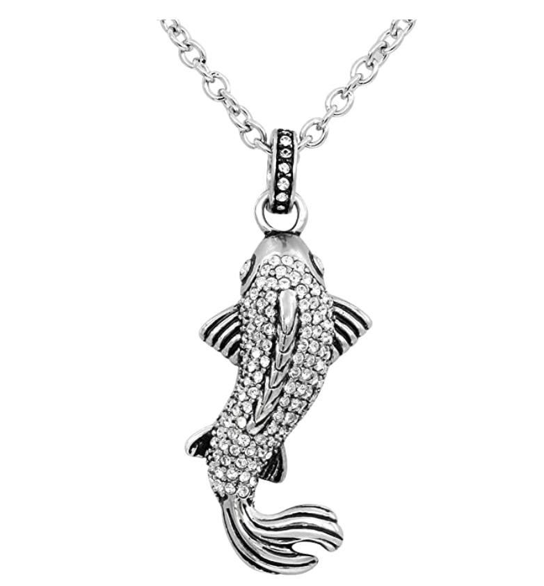 Diamond Koi Fish Necklace Lucky Koifish Pendant Silver Asian Chinese Japanese Jewelry Fisherman Birthday Gift Stainless Steel Chain 20in.