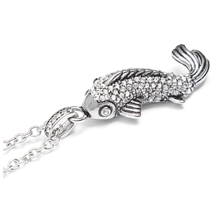 Diamond Koi Fish Necklace Lucky Koifish Pendant Silver Asian Chinese Japanese Jewelry Fisherman Birthday Gift Stainless Steel Chain 20in.