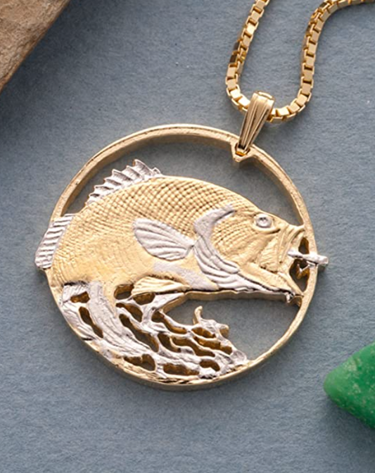 Sea Bass Fish Medallion Necklace Sea Bass Pendant Fish Swimming Water Jewelry Fisherman Birthday Gift Chain 20in.