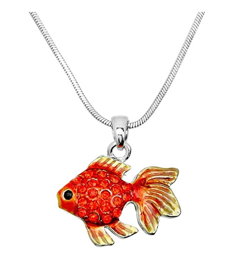 Crystal Diamond Gold Fish Pendant Goldfish Necklace Gold Fish Jewelry Birthday Gift Silver Chain 18in.